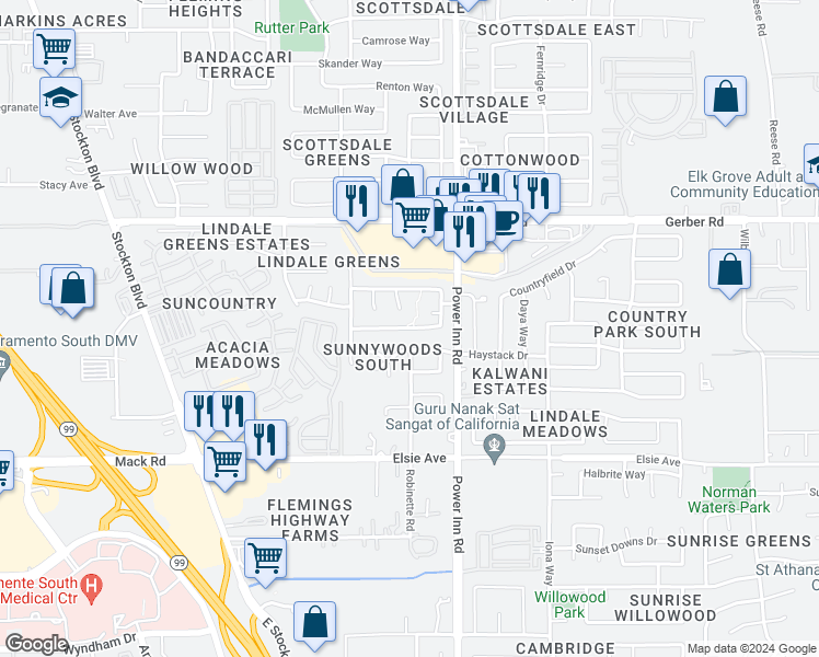 map of restaurants, bars, coffee shops, grocery stores, and more near Orchard Woods Cir in Florin