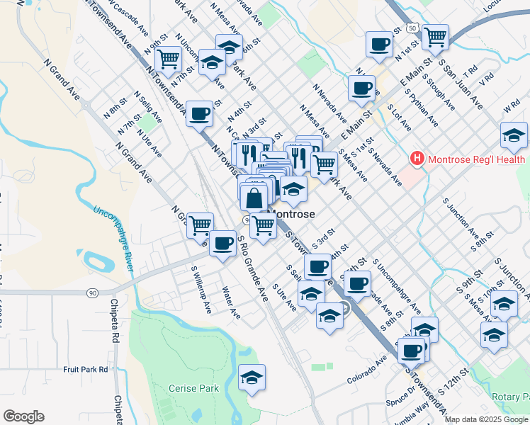 map of restaurants, bars, coffee shops, grocery stores, and more near 246 West Main Street in Montrose