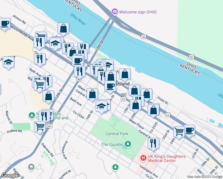 map of restaurants, bars, coffee shops, grocery stores, and more near 1645 Winchester Avenue in Ashland