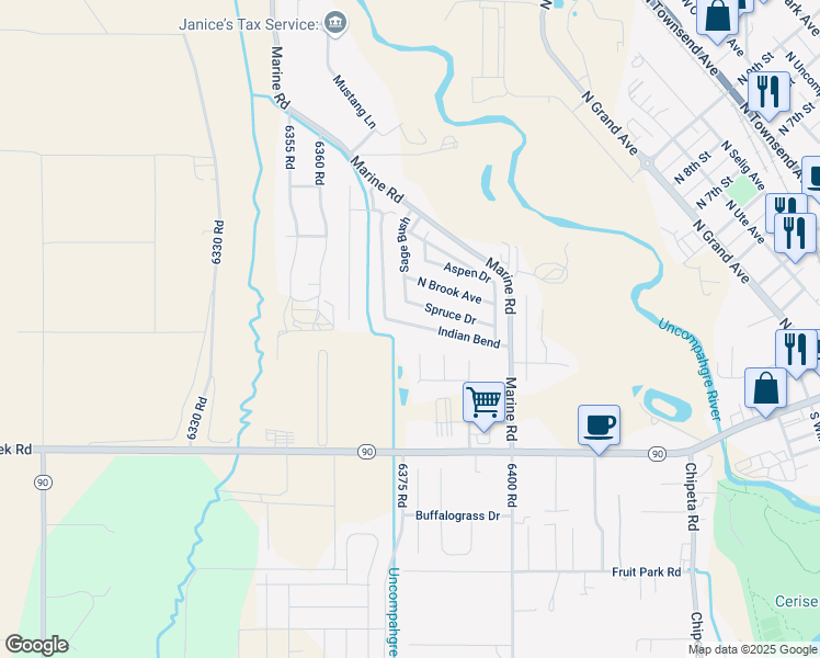 map of restaurants, bars, coffee shops, grocery stores, and more near Indian Bend in Montrose