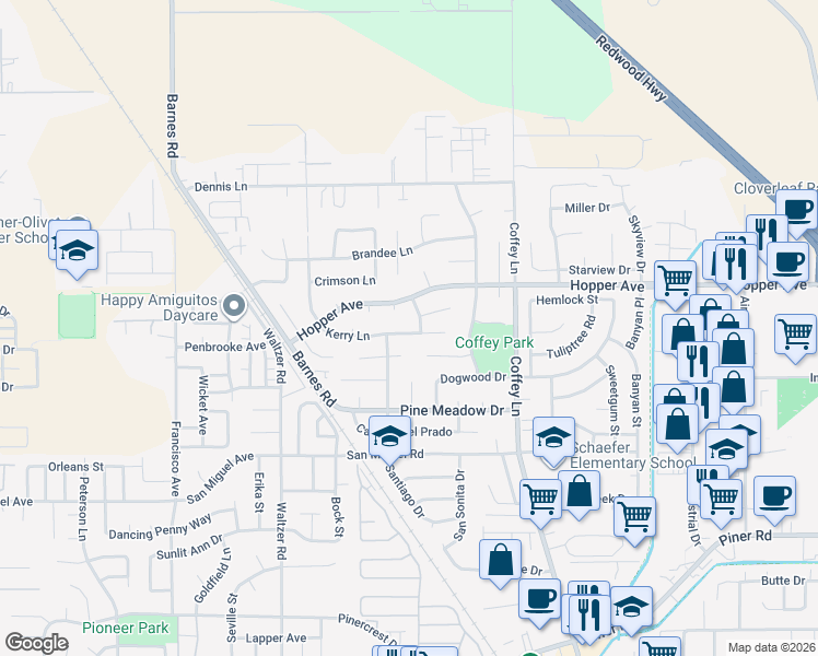 map of restaurants, bars, coffee shops, grocery stores, and more near 1638 Kerry Lane in Santa Rosa