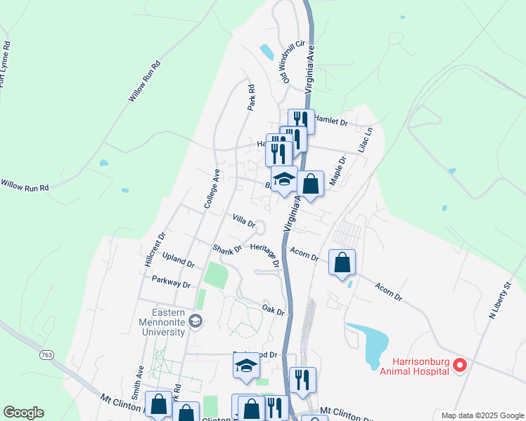 map of restaurants, bars, coffee shops, grocery stores, and more near 1624 Buttonwood Court in Harrisonburg