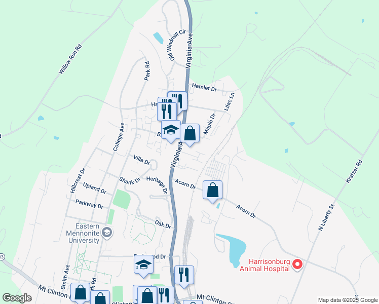 map of restaurants, bars, coffee shops, grocery stores, and more near 1634 Virginia Avenue in Harrisonburg