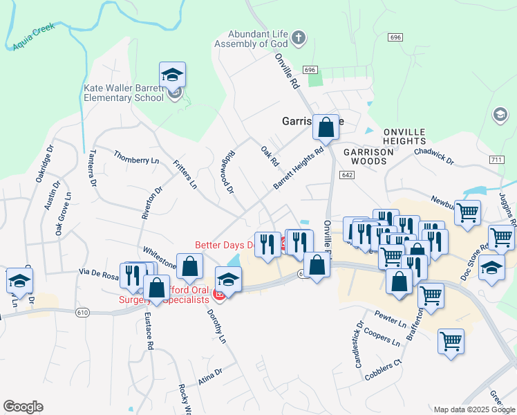 map of restaurants, bars, coffee shops, grocery stores, and more near 203 Powhatan Court in Stafford