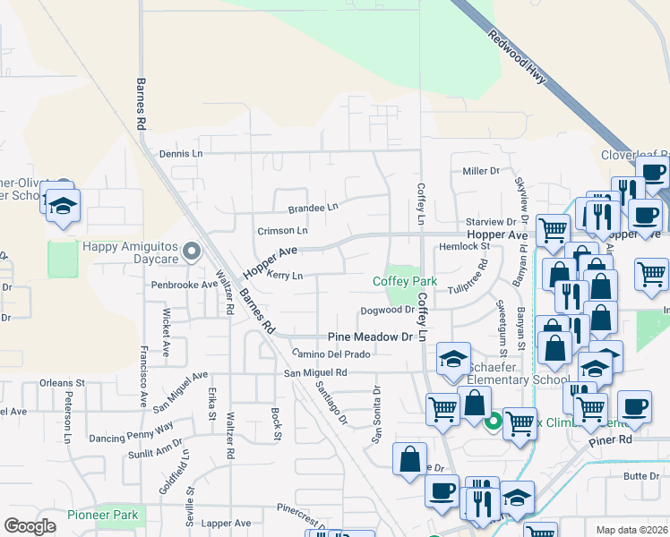 map of restaurants, bars, coffee shops, grocery stores, and more near 1638 Kerry Lane in Santa Rosa