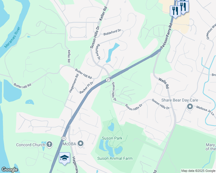 map of restaurants, bars, coffee shops, grocery stores, and more near 5905 Suson Park Place in St. Louis