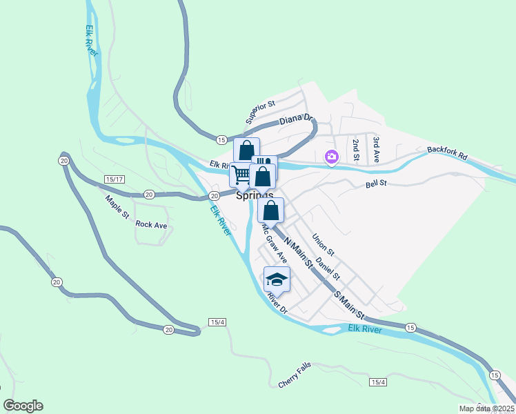 map of restaurants, bars, coffee shops, grocery stores, and more near 68 North Main Street in Webster Springs