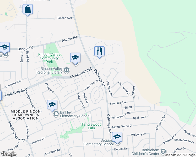 map of restaurants, bars, coffee shops, grocery stores, and more near 5185 Parkhurst Drive in Santa Rosa