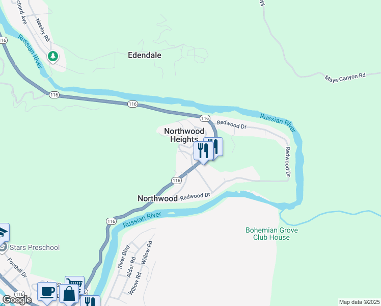 map of restaurants, bars, coffee shops, grocery stores, and more near 19393 California 116 in Monte Rio