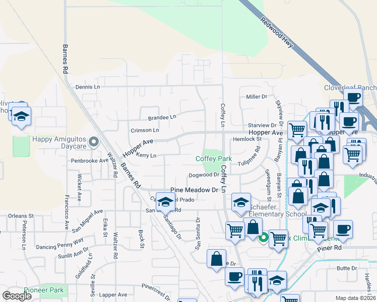 map of restaurants, bars, coffee shops, grocery stores, and more near 1613 Kerry Lane in Santa Rosa
