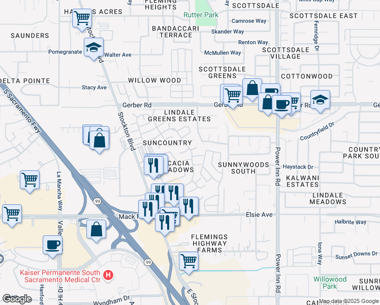 map of restaurants, bars, coffee shops, grocery stores, and more near 7324 Sunseason Lane in Sacramento