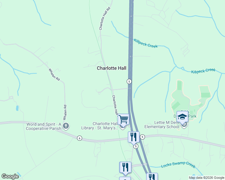 map of restaurants, bars, coffee shops, grocery stores, and more near 29576 Charlotte Hall Road in Charlotte Hall
