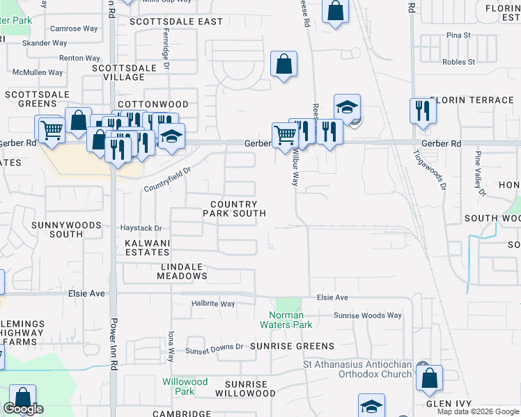 map of restaurants, bars, coffee shops, grocery stores, and more near 8313 Hayfield Circle in Sacramento