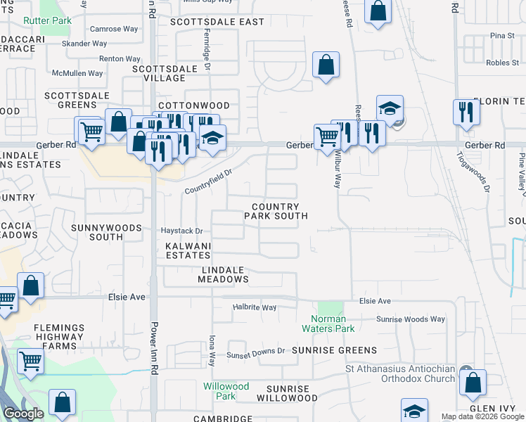 map of restaurants, bars, coffee shops, grocery stores, and more near 8245 South Country Way in Sacramento