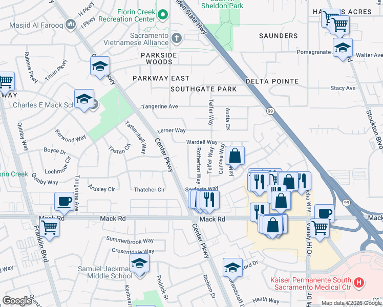 map of restaurants, bars, coffee shops, grocery stores, and more near 7695 Millroy Way in Sacramento