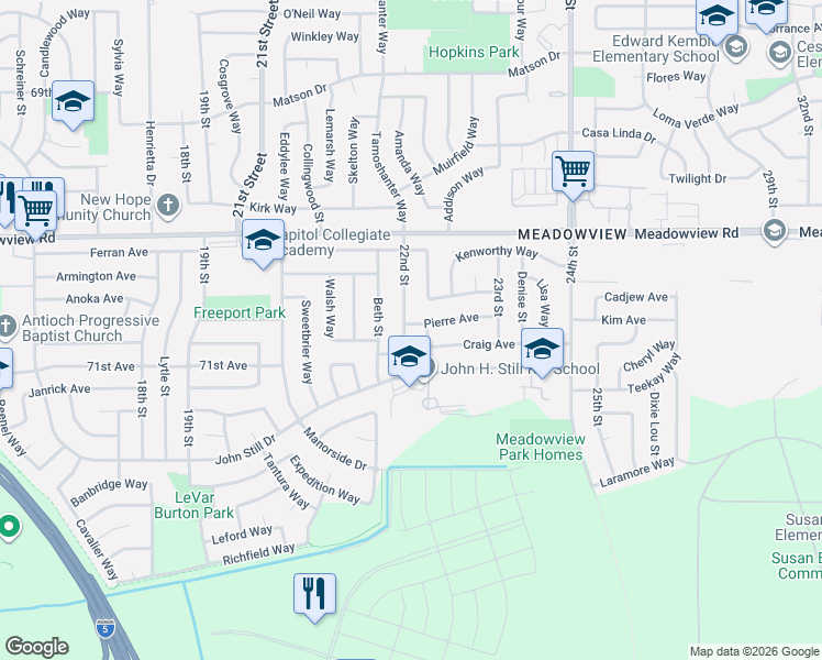 map of restaurants, bars, coffee shops, grocery stores, and more near 7671 22nd Street in Sacramento