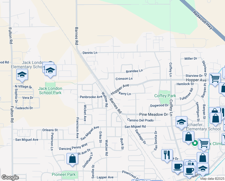 map of restaurants, bars, coffee shops, grocery stores, and more near 1715 Randon Way in Santa Rosa