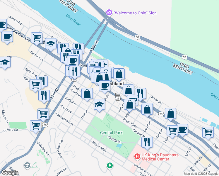 map of restaurants, bars, coffee shops, grocery stores, and more near 1645 Winchester Avenue in Ashland