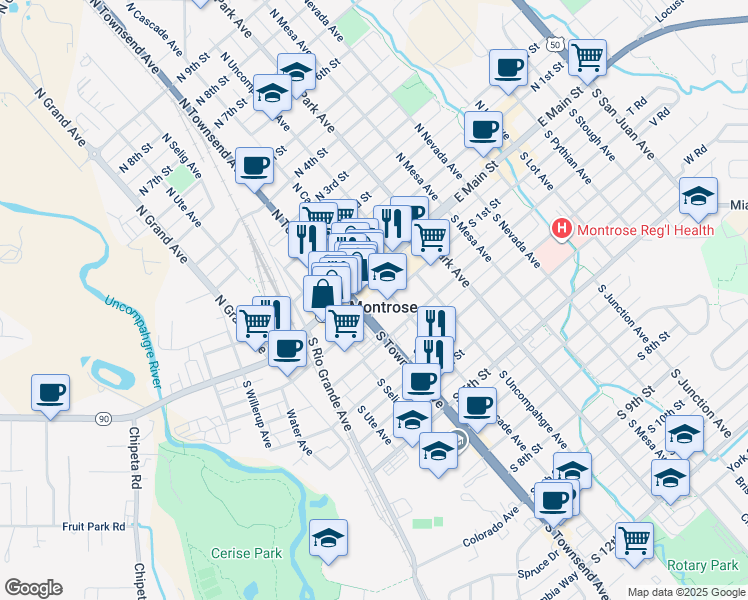 map of restaurants, bars, coffee shops, grocery stores, and more near 321 South 1st Street in Montrose