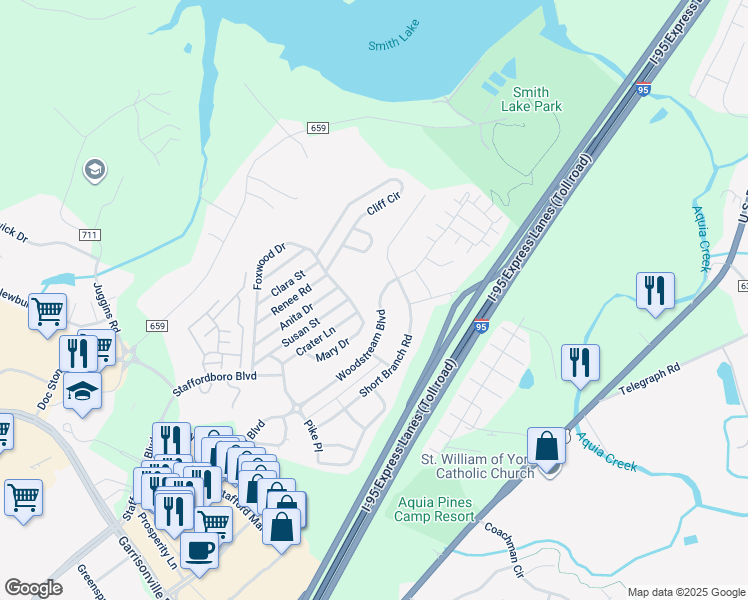 map of restaurants, bars, coffee shops, grocery stores, and more near 269 Woodstream Boulevard in Stafford