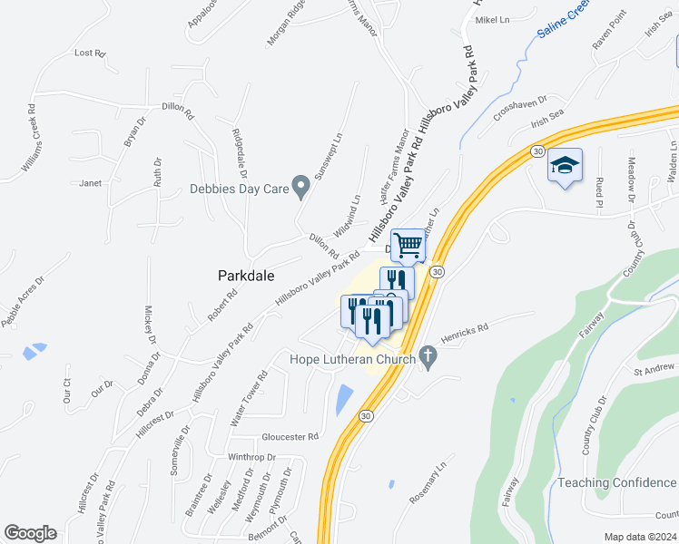 map of restaurants, bars, coffee shops, grocery stores, and more near 2220 Hillsboro Valley Park Road in High Ridge