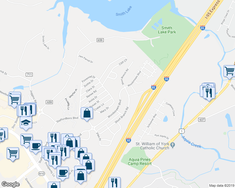 map of restaurants, bars, coffee shops, grocery stores, and more near 269 Woodstream Boulevard in Stafford
