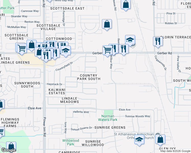 map of restaurants, bars, coffee shops, grocery stores, and more near 8313 Hayfield Circle in Sacramento