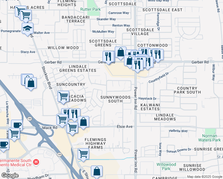 map of restaurants, bars, coffee shops, grocery stores, and more near 7957 Orchard Woods Circle in Sacramento