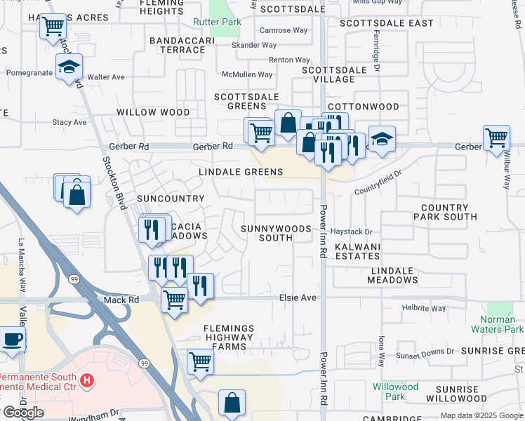 map of restaurants, bars, coffee shops, grocery stores, and more near 7972 Orchard Woods Circle in Sacramento