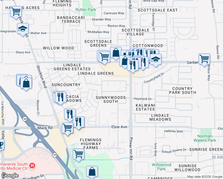 map of restaurants, bars, coffee shops, grocery stores, and more near 7957 Orchard Woods Circle in Sacramento