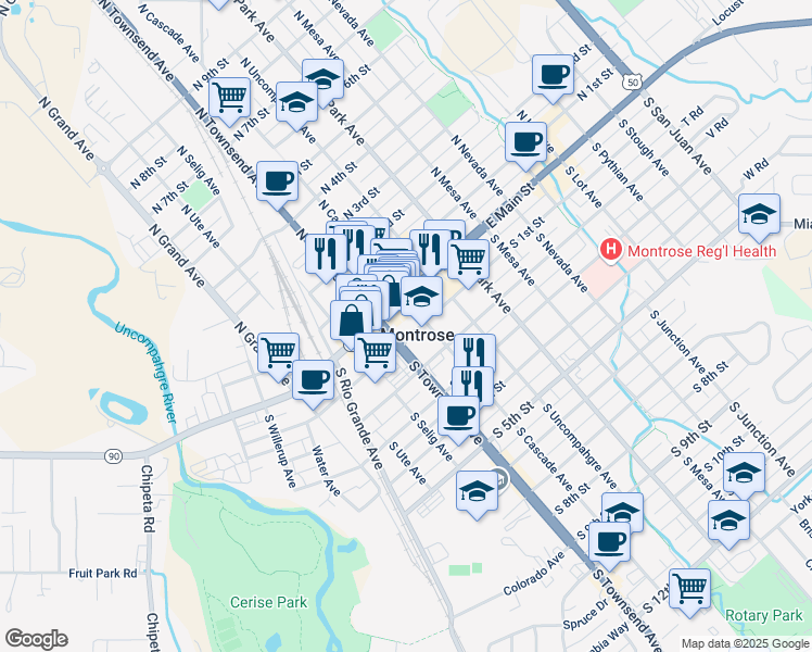 map of restaurants, bars, coffee shops, grocery stores, and more near 321 South 1st Street in Montrose