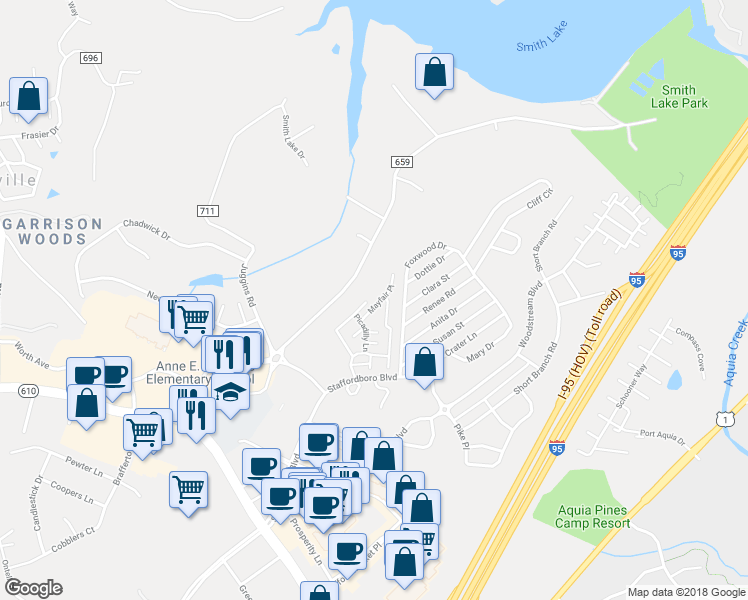 map of restaurants, bars, coffee shops, grocery stores, and more near 211 Mayfair Place in Stafford