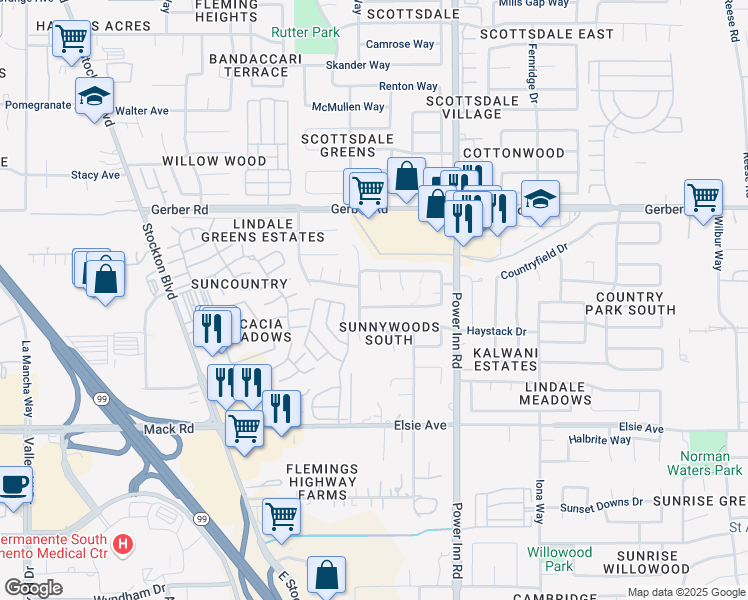 map of restaurants, bars, coffee shops, grocery stores, and more near 7706 Harvest Woods Drive in Sacramento