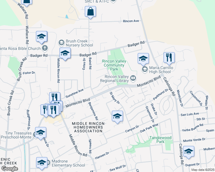 map of restaurants, bars, coffee shops, grocery stores, and more near 6844 Montecito Boulevard in Santa Rosa