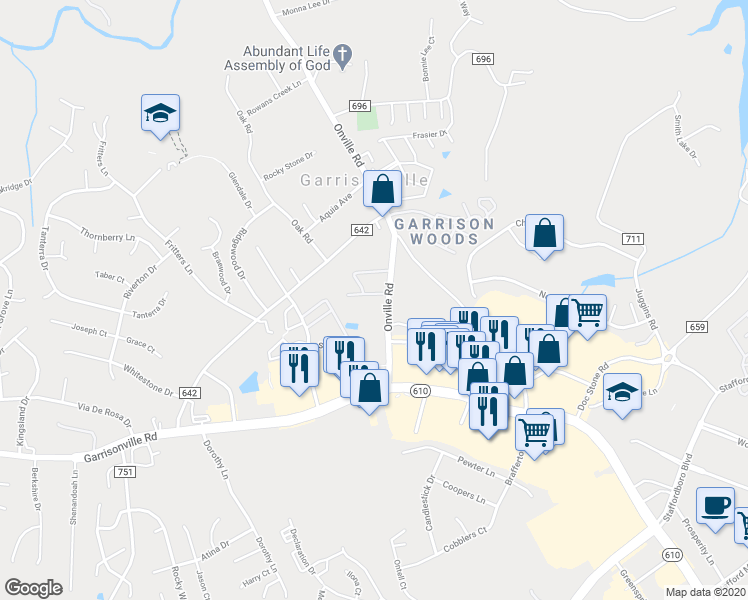 map of restaurants, bars, coffee shops, grocery stores, and more near 104 Mews Court in Stafford