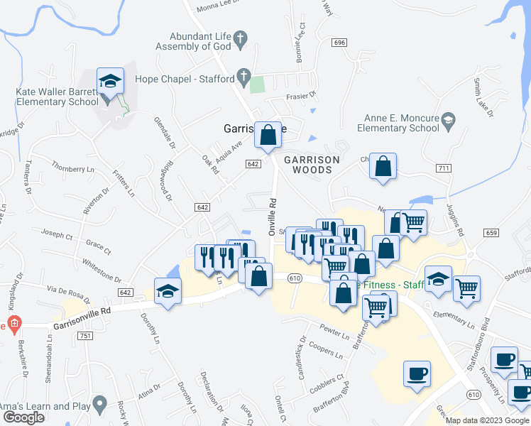 map of restaurants, bars, coffee shops, grocery stores, and more near 207 Mews Court in Stafford