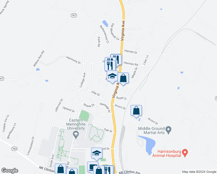 map of restaurants, bars, coffee shops, grocery stores, and more near 1634 Buttonwood Court in Harrisonburg
