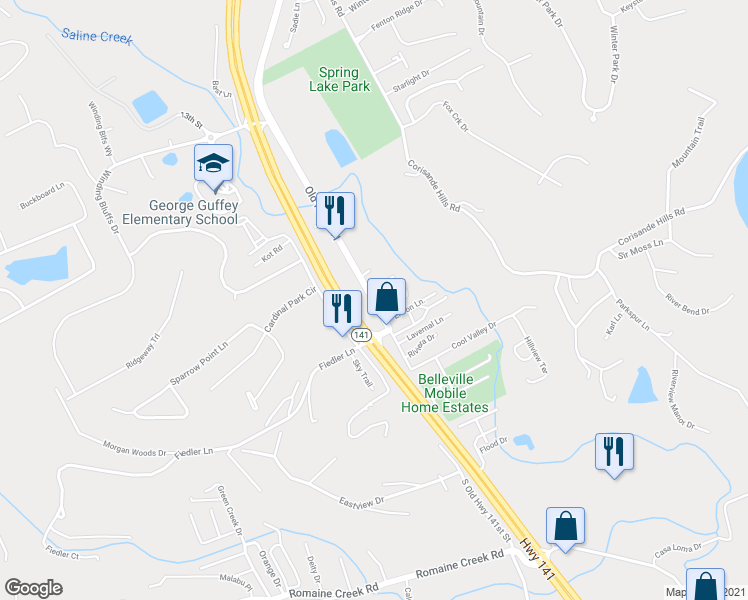 map of restaurants, bars, coffee shops, grocery stores, and more near 1740 South Old Highway 141 in Fenton