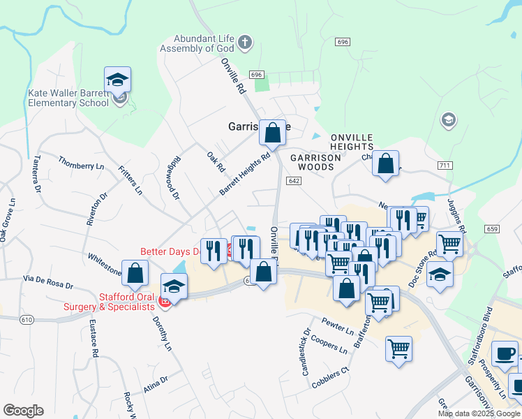 map of restaurants, bars, coffee shops, grocery stores, and more near 201 Stafford Mews Lane in Stafford