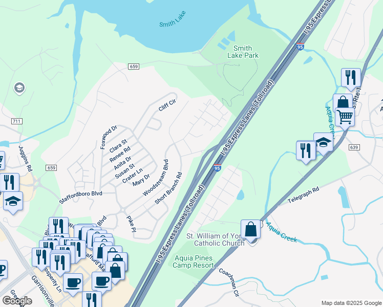 map of restaurants, bars, coffee shops, grocery stores, and more near Rapidan Drive in Stafford