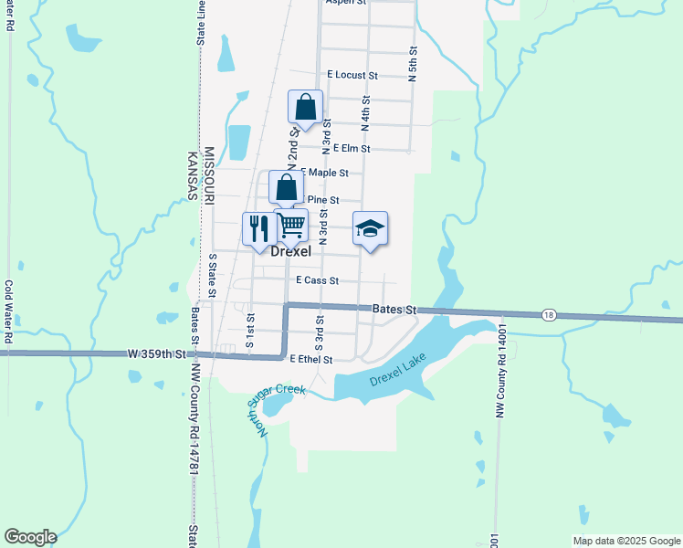 map of restaurants, bars, coffee shops, grocery stores, and more near 318 East Cass Street in Drexel