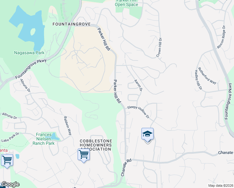 map of restaurants, bars, coffee shops, grocery stores, and more near 3473 Parker Hill Road in Santa Rosa