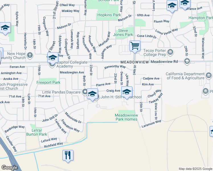 map of restaurants, bars, coffee shops, grocery stores, and more near 2272 Pierre Avenue in Sacramento