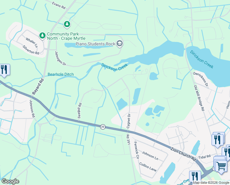map of restaurants, bars, coffee shops, grocery stores, and more near 35781 Egret Road in Selbyville