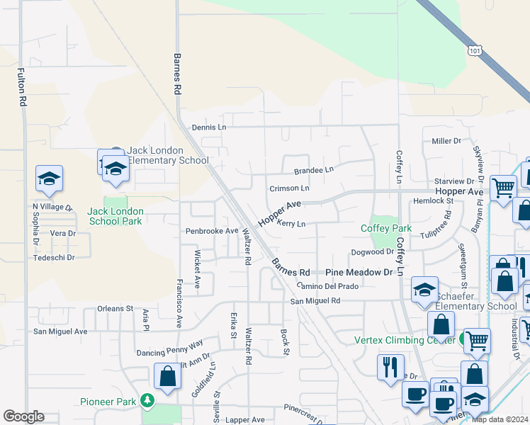 map of restaurants, bars, coffee shops, grocery stores, and more near 1738 Kerry Lane in Santa Rosa