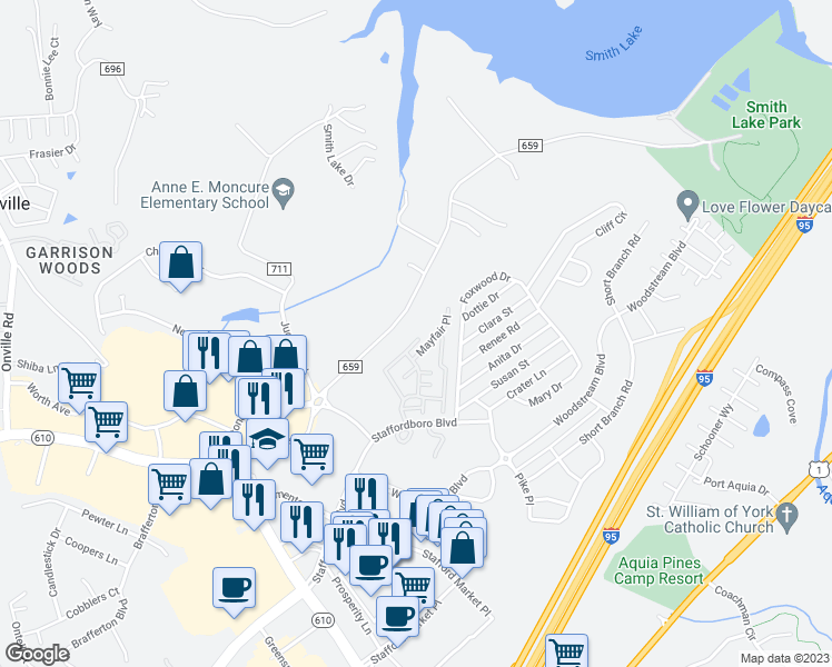 map of restaurants, bars, coffee shops, grocery stores, and more near 519 Westminster Lane in Stafford