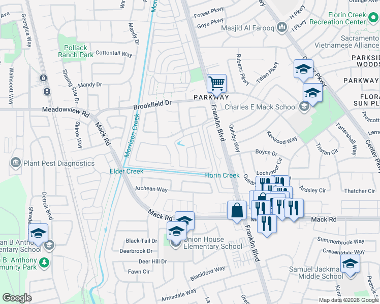 map of restaurants, bars, coffee shops, grocery stores, and more near 7557 Sun Willow Lane in Sacramento