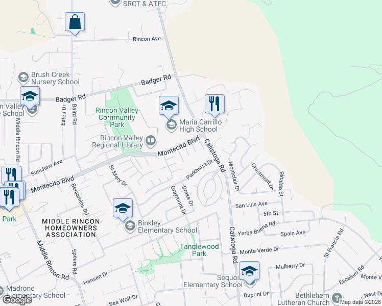 map of restaurants, bars, coffee shops, grocery stores, and more near 5095 Parkhurst Drive in Santa Rosa