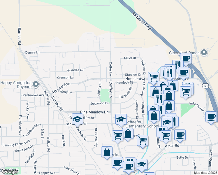 map of restaurants, bars, coffee shops, grocery stores, and more near 1524 Amanda Place in Santa Rosa