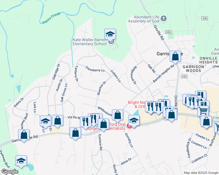 map of restaurants, bars, coffee shops, grocery stores, and more near 99 Tanterra Drive in Stafford
